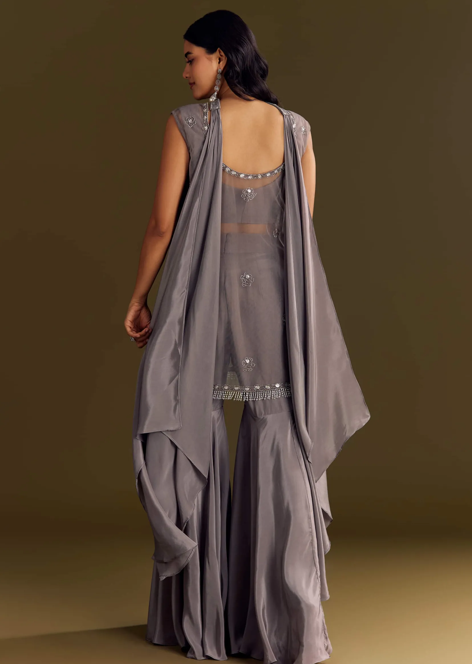 Grey Crepe Kurta Sharara With Net Choker Dupatta