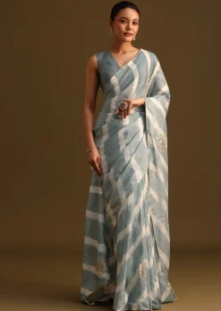 Grey Crepe Shibori Leheriya Saree With Gota Patti Border Work