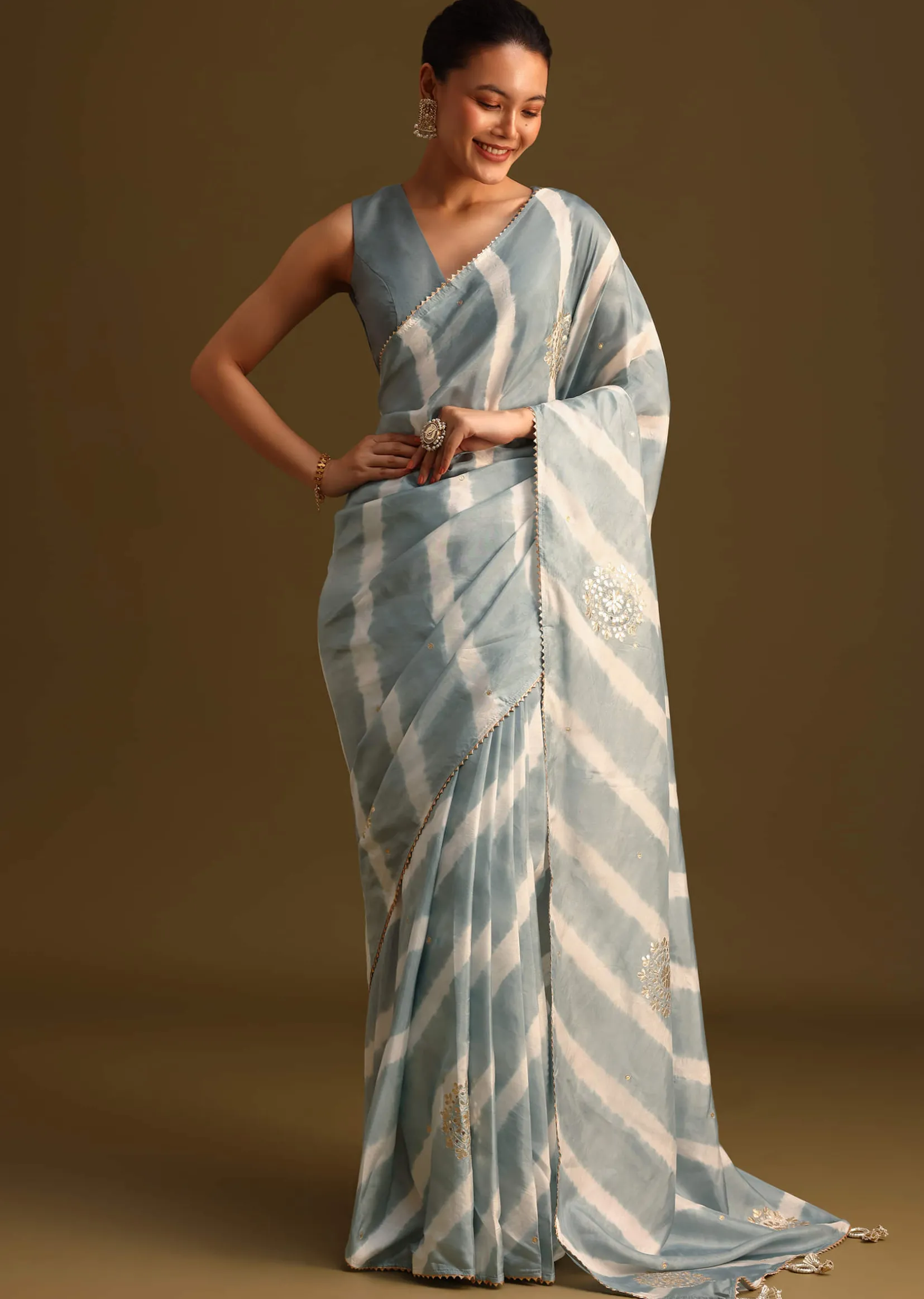 Grey Crepe Shibori Leheriya Saree With Gota Patti Border Work