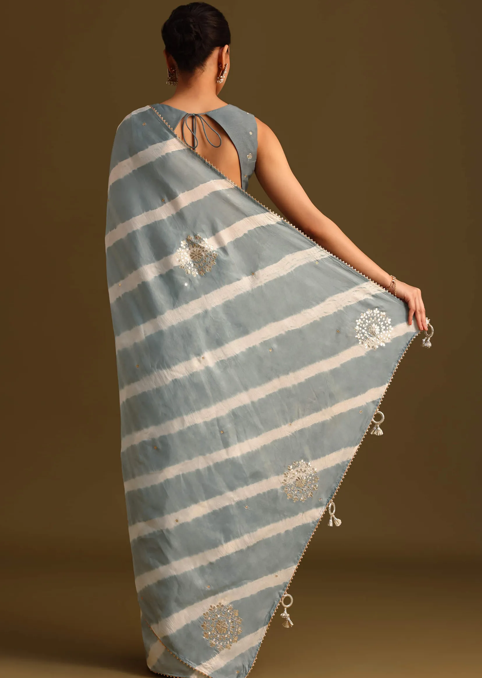 Grey Crepe Shibori Leheriya Saree With Gota Patti Border Work
