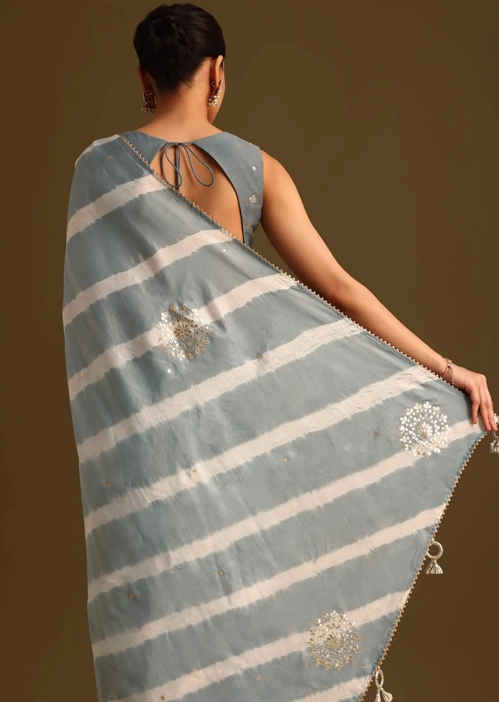 Grey Crepe Shibori Leheriya Saree With Gota Patti Border Work