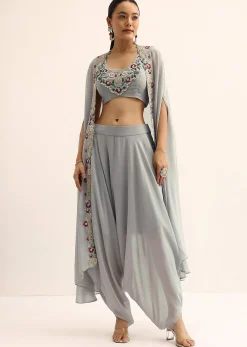 Grey Crop Top With Dhoti And Jacket
