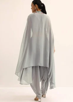Grey Crop Top With Dhoti And Jacket