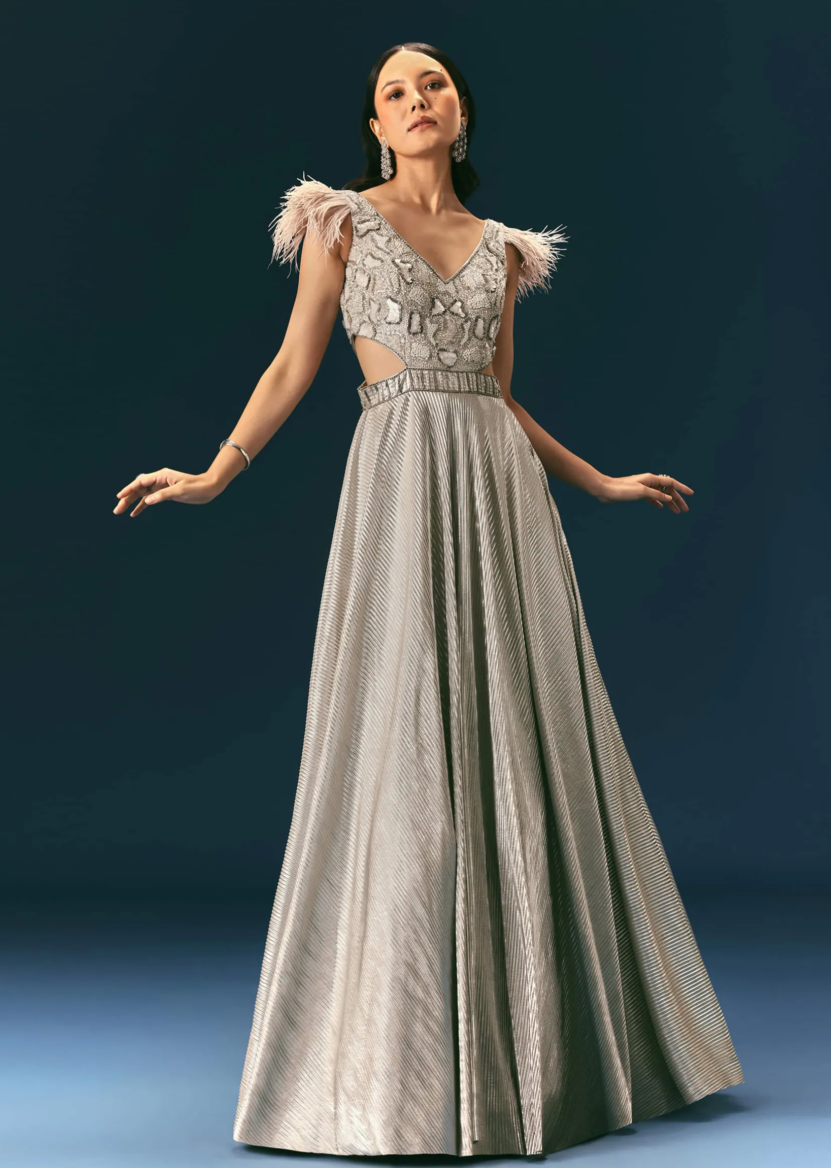 Grey Crushed Flared Gown With Hand Embroidery