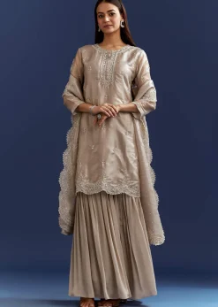 Grey Cutdana And Sequins Kurta With Stone Work Dupatta In Tissue