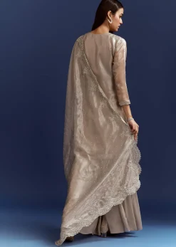 Grey Cutdana And Sequins Kurta With Stone Work Dupatta In Tissue