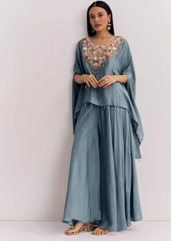Grey Dola Silk Kaftaan Indowestern Suit With Zardosi Work