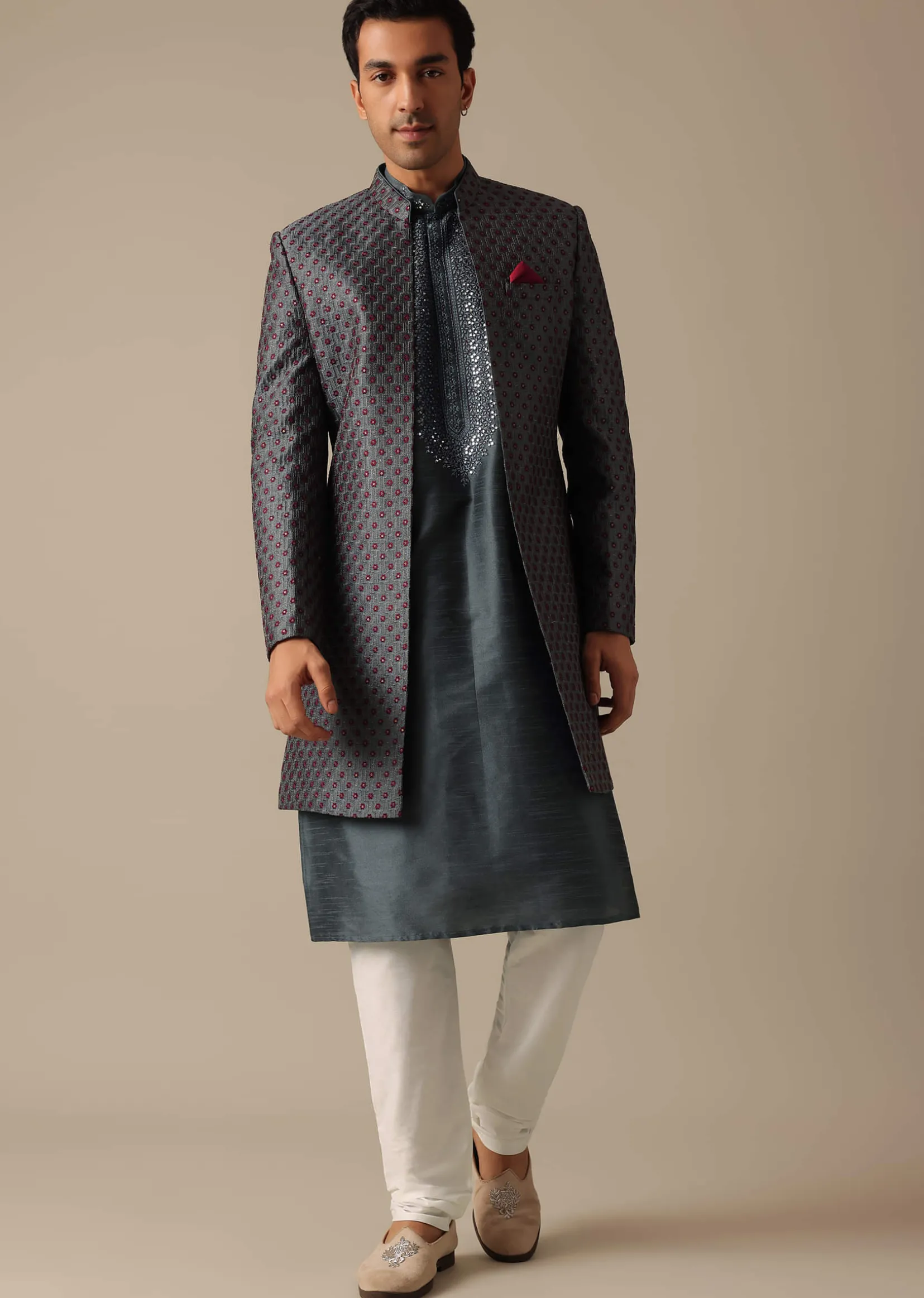 Grey Dupion Silk Sherwani Set With Mirror Work
