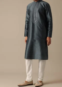Grey Dupion Silk Sherwani Set With Mirror Work