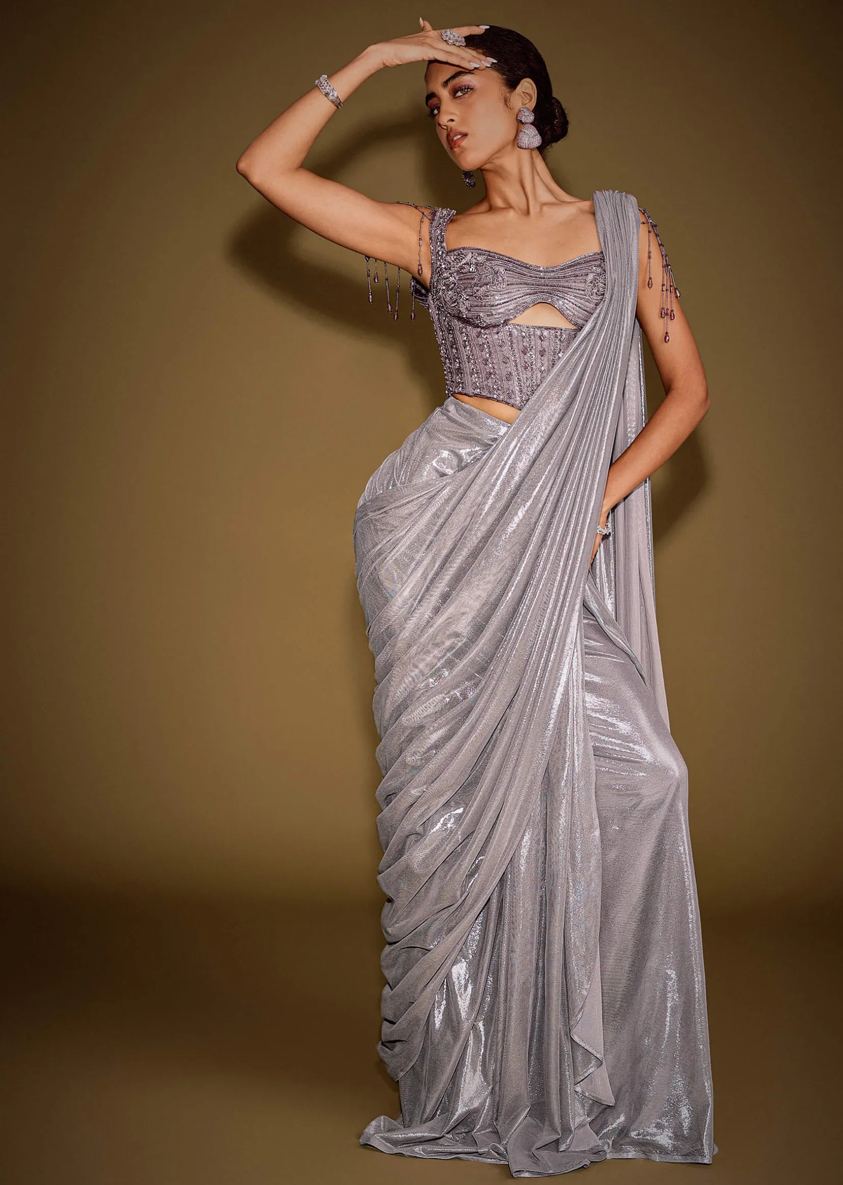 Grey Embellished Corset Blouse With Draped Saree And Tassel Detailing