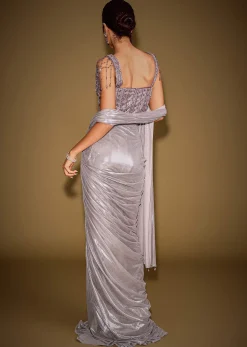 Grey Embellished Corset Blouse With Draped Saree And Tassel Detailing