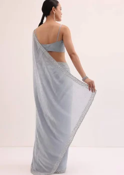 Grey Embroidered Chiffon Saree With Unstitched Blouse