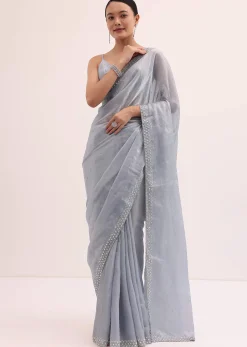 Grey Embroidered Chiffon Saree With Unstitched Blouse