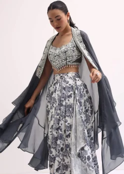 Grey Embroidered Crop Top And Skirt Set