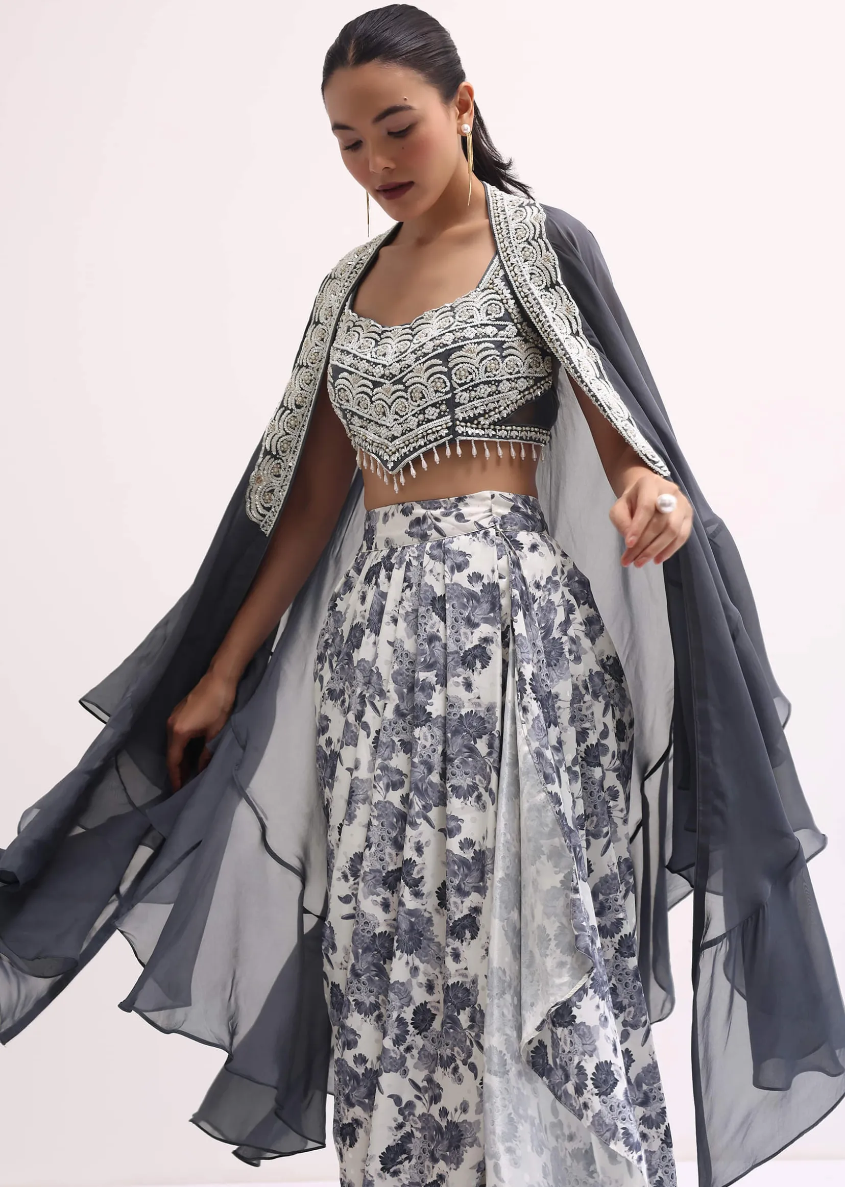 Grey Embroidered Crop Top And Skirt Set