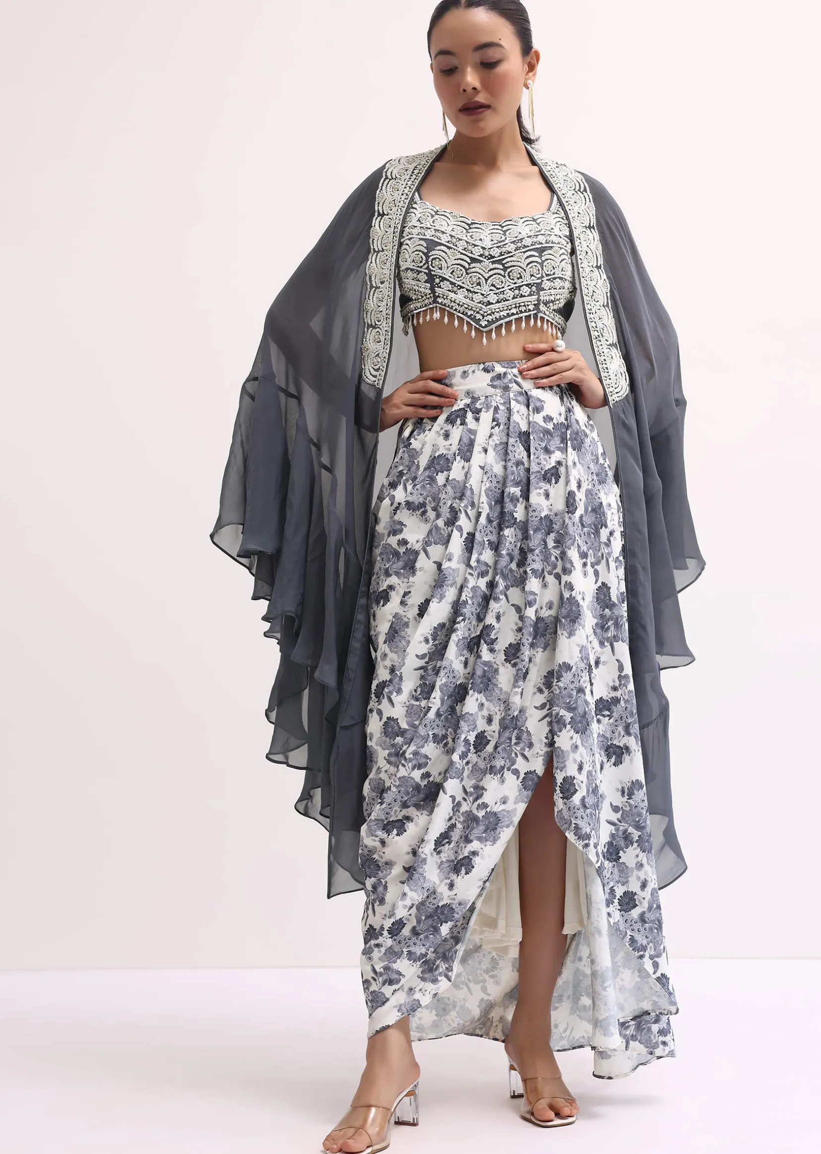 Grey Embroidered Crop Top And Skirt Set