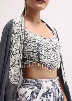 Grey Embroidered Crop Top And Skirt Set