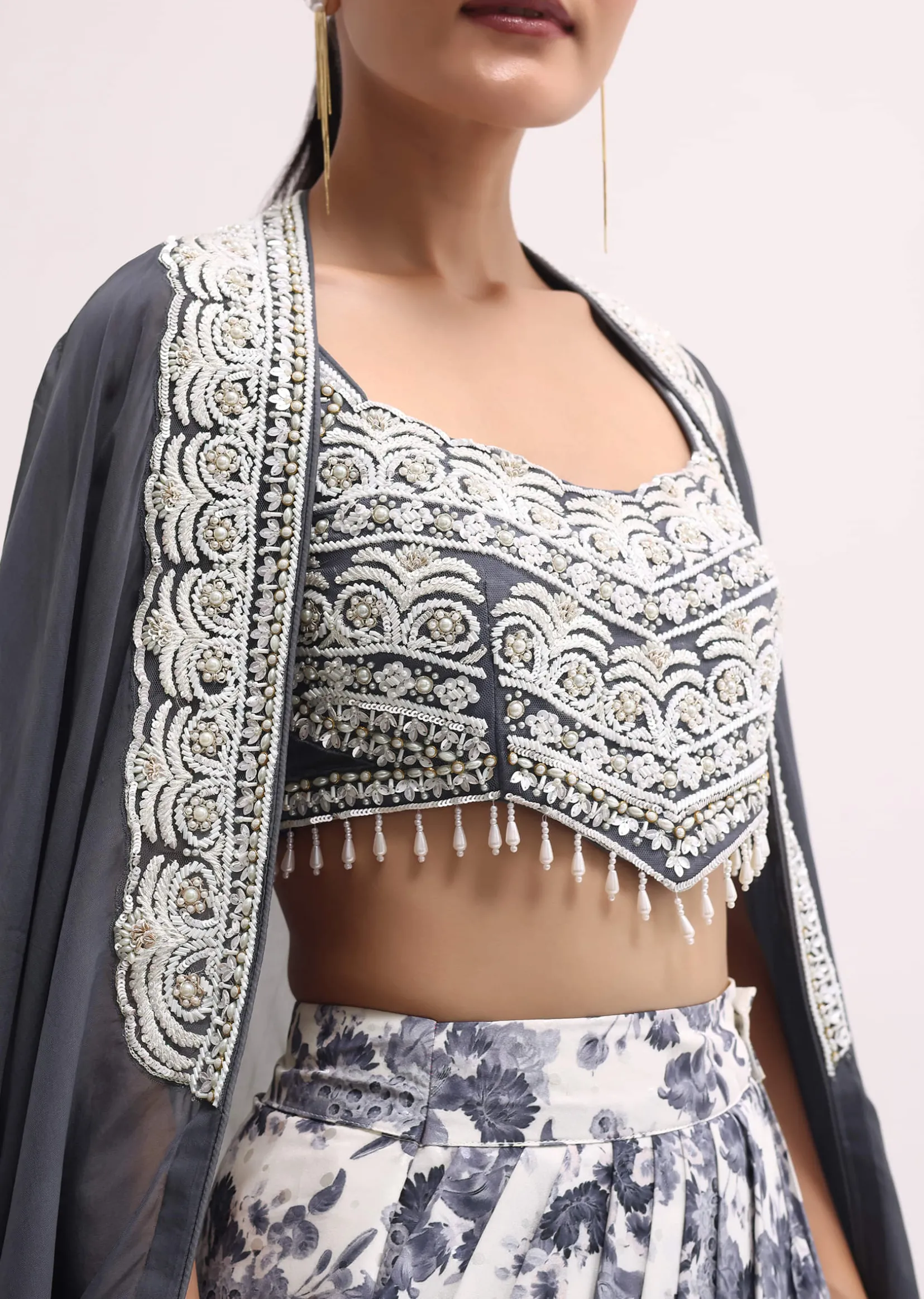 Grey Embroidered Crop Top And Skirt Set