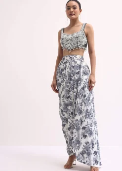 Grey Embroidered Crop Top And Skirt Set