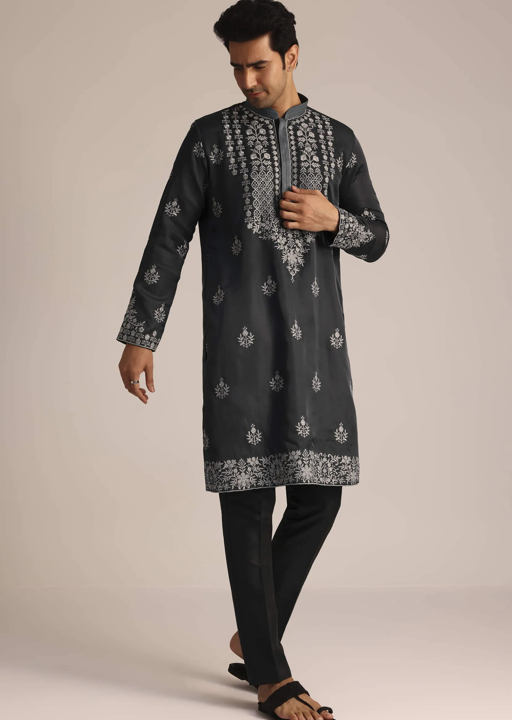 Grey Embroidered Full Sleeves Kurta Set