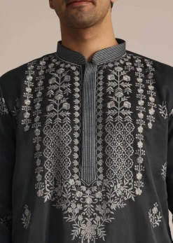 Grey Embroidered Full Sleeves Kurta Set