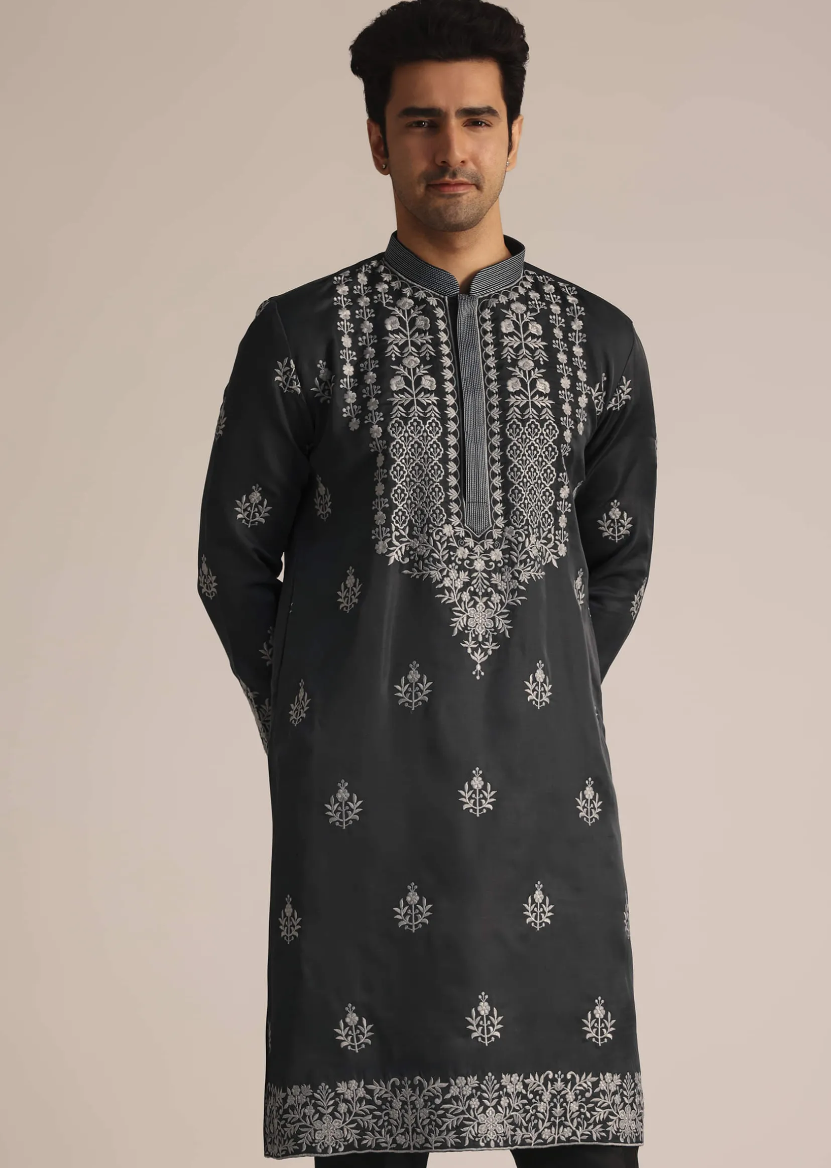 Grey Embroidered Full Sleeves Kurta Set