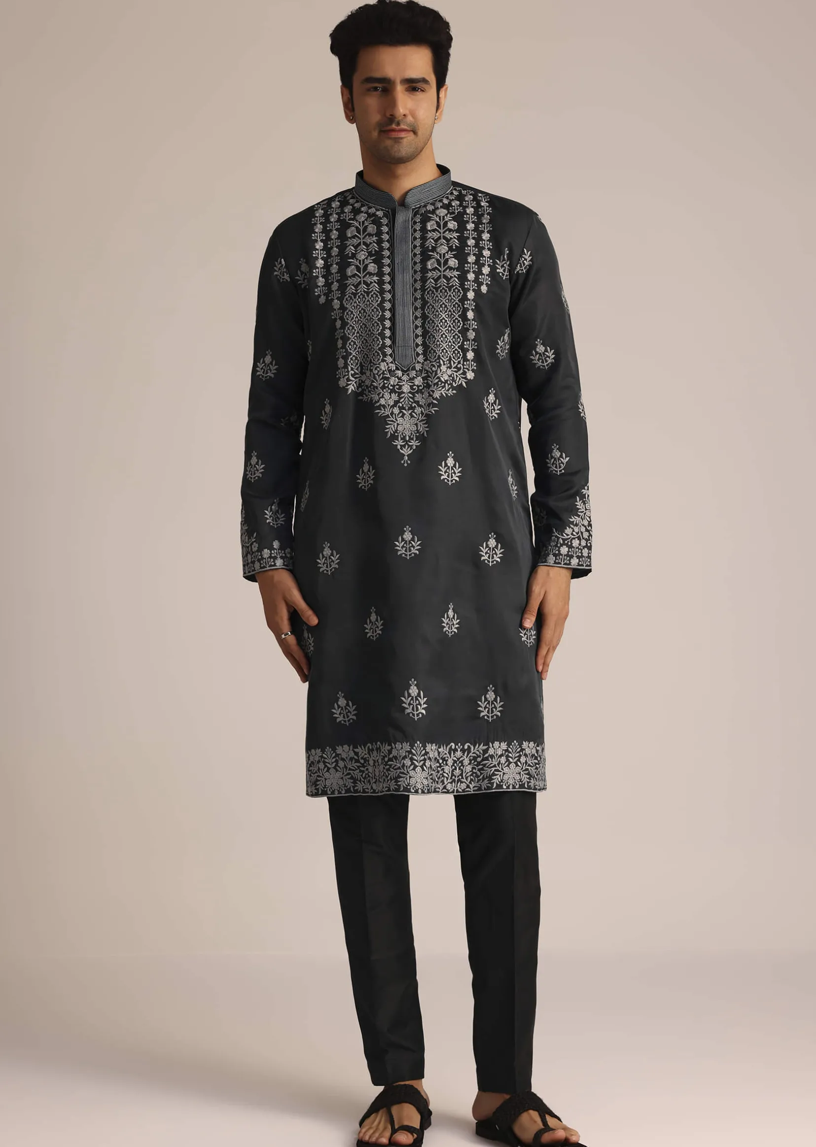 Grey Embroidered Full Sleeves Kurta Set