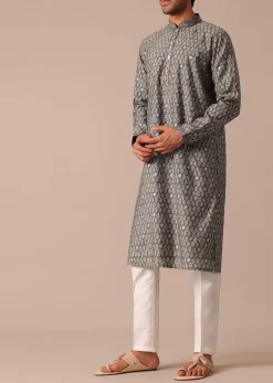 Grey Embroidered Kurta Set In Muslin Silk With Foil Work