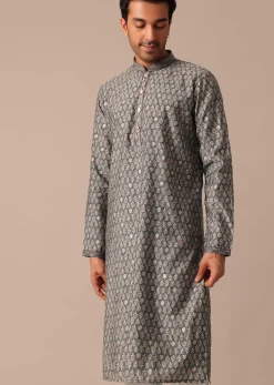 Grey Embroidered Kurta Set In Muslin Silk With Foil Work
