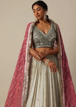 Grey Embroidered Lehenga Set With Zardozi Work