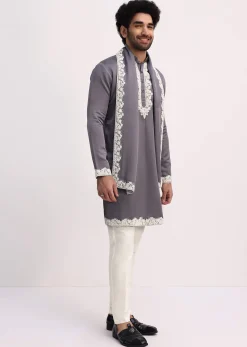 Grey Embroidered Men Kurta Set With Dupatta