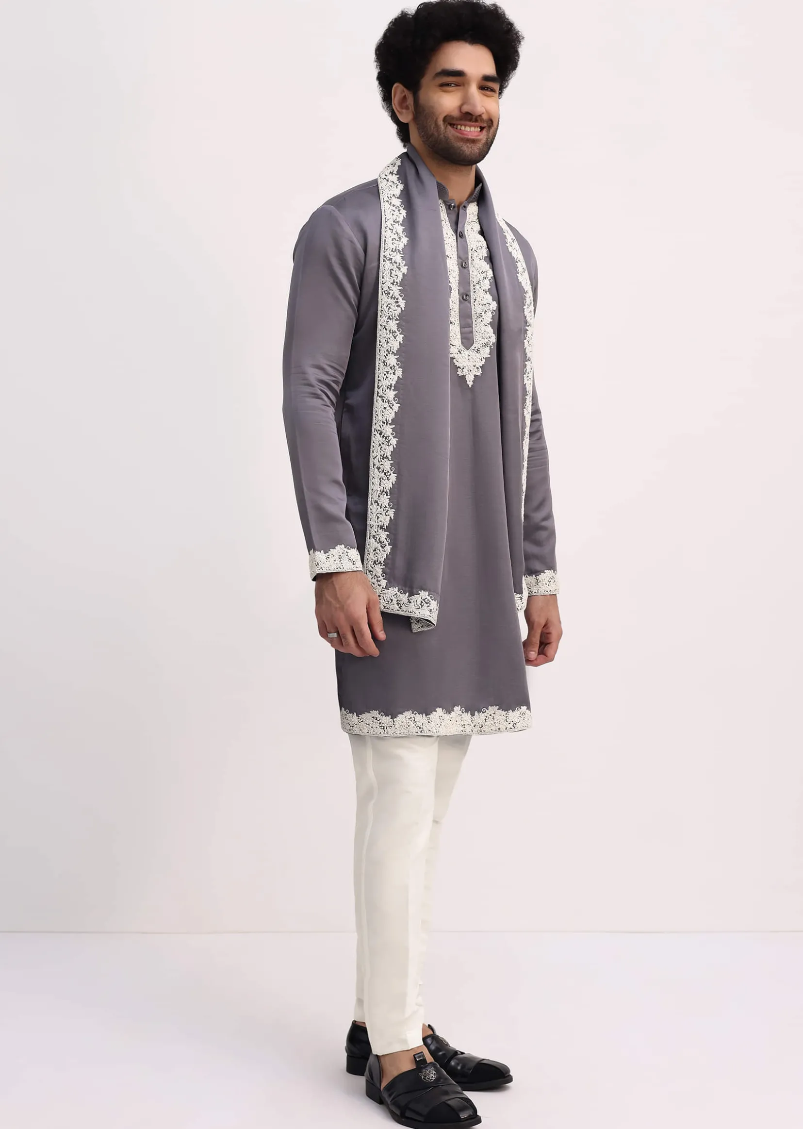 Grey Embroidered Men Kurta Set With Dupatta