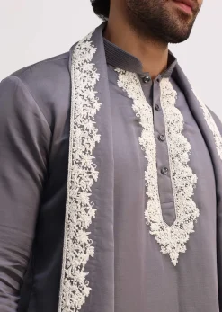 Grey Embroidered Men Kurta Set With Dupatta