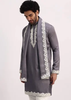 Grey Embroidered Men Kurta Set With Dupatta