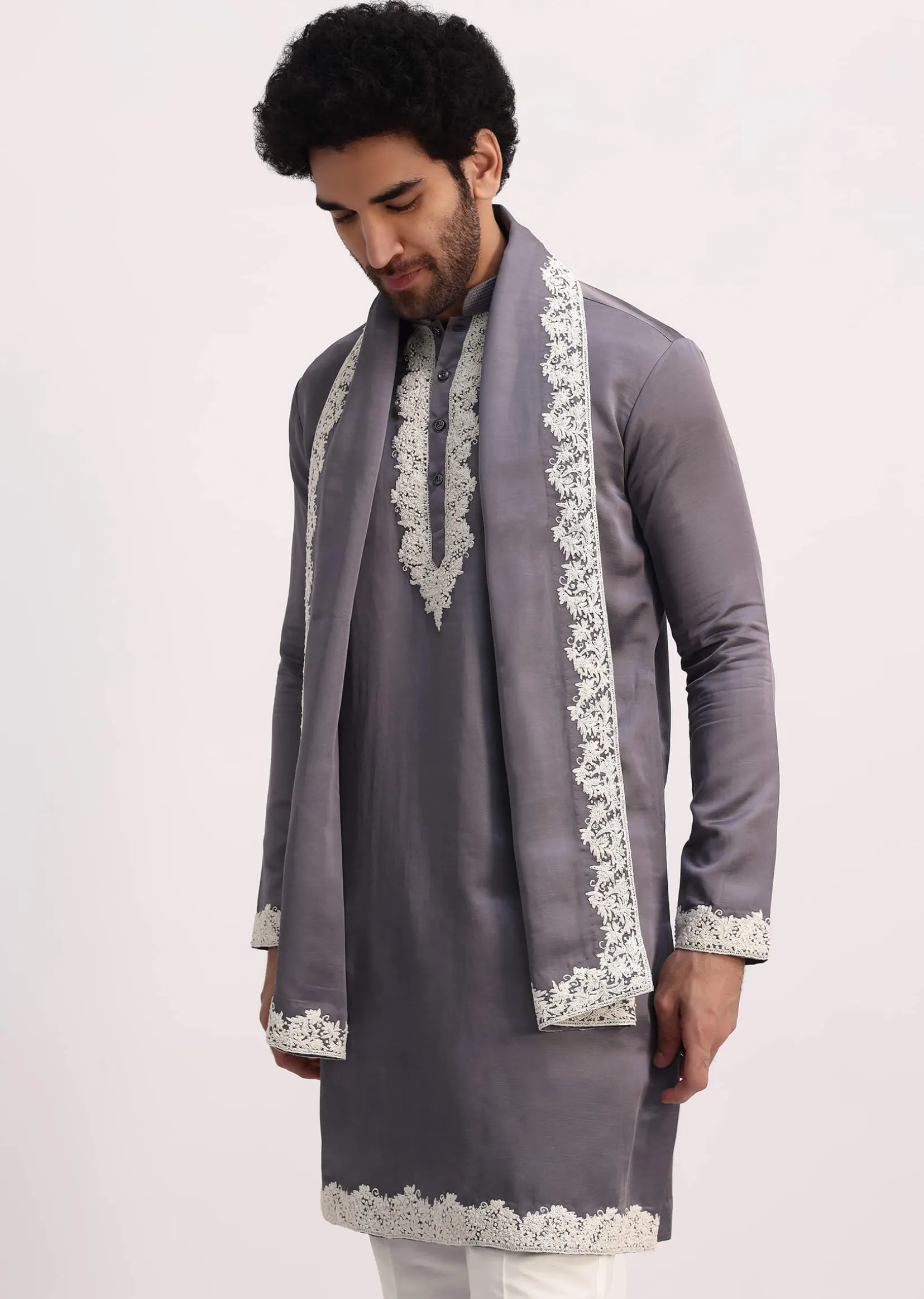 Grey Embroidered Men Kurta Set With Dupatta