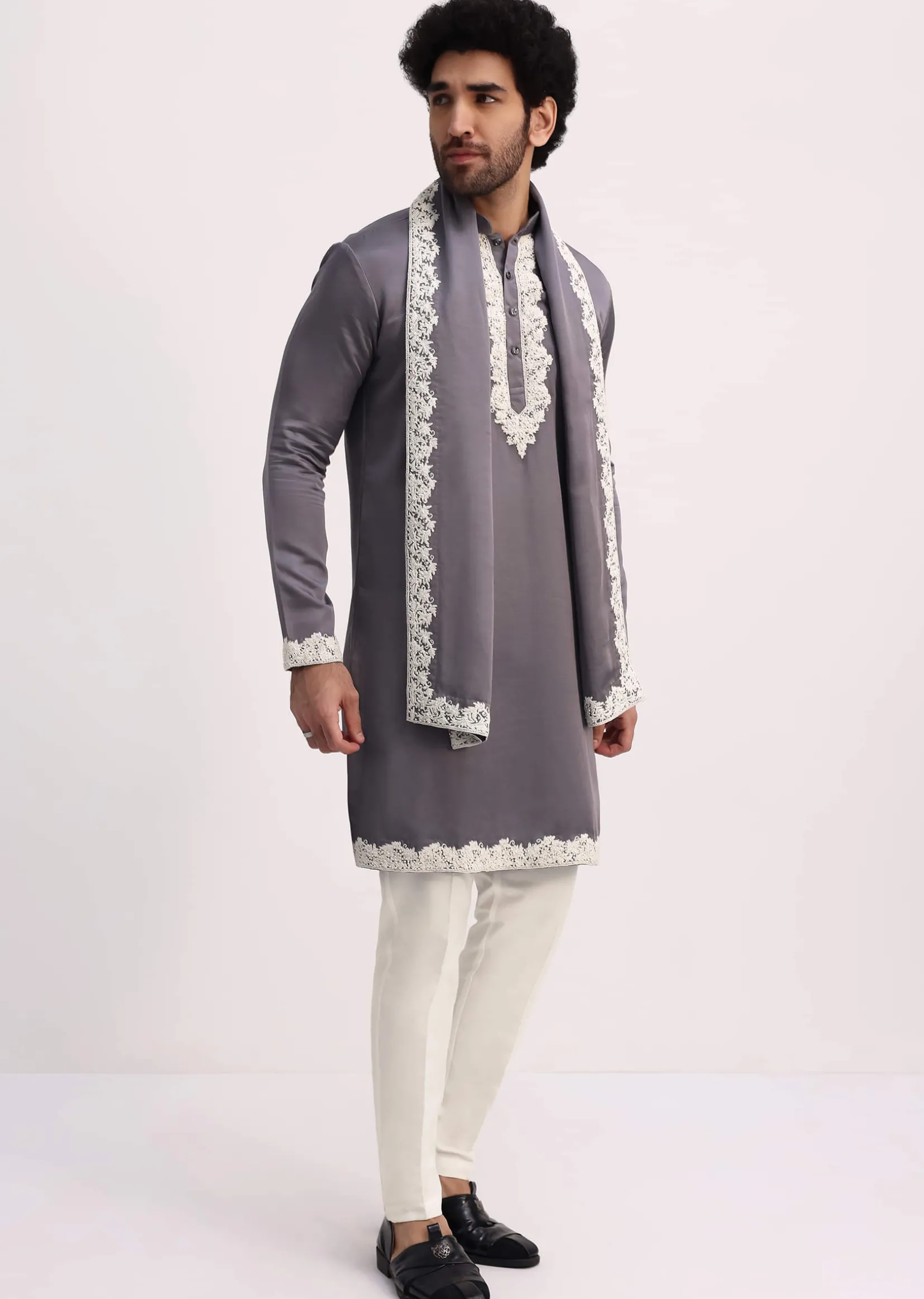 Grey Embroidered Men Kurta Set With Dupatta