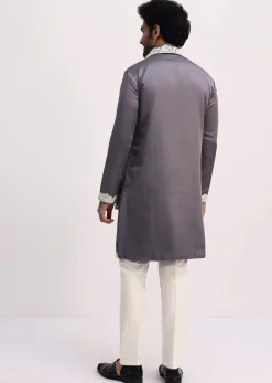 Grey Embroidered Men Kurta Set With Dupatta