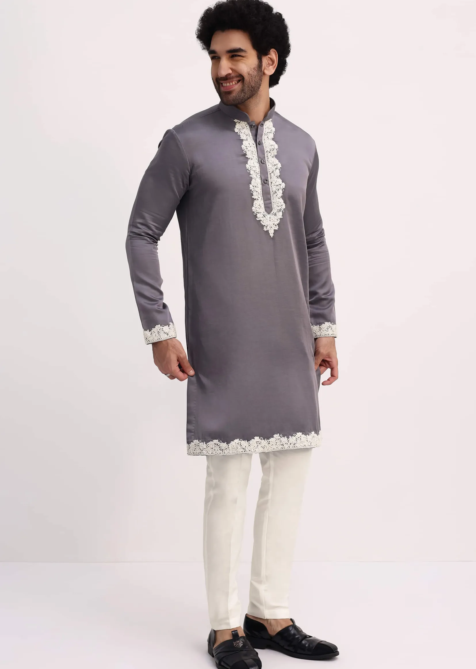 Grey Embroidered Men Kurta Set With Dupatta