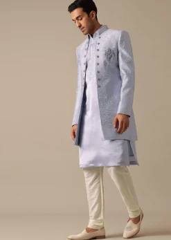 Grey Embroidered Sherwani And Kurta Set In Satin Silk