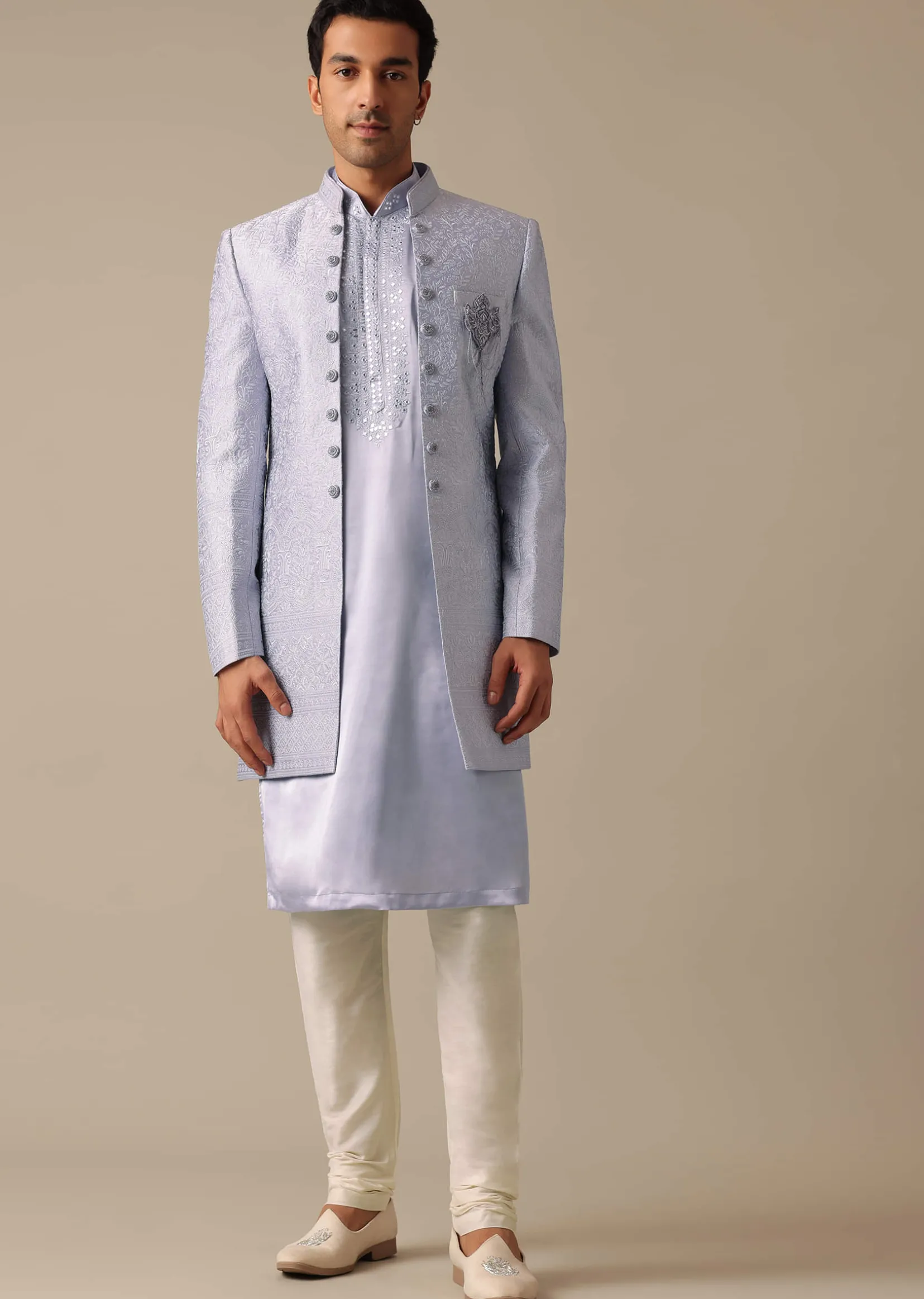 Grey Embroidered Sherwani And Kurta Set In Satin Silk