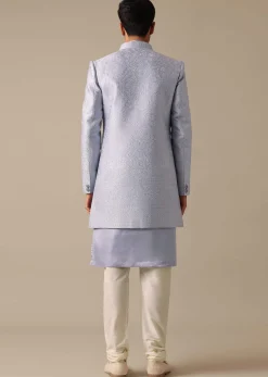 Grey Embroidered Sherwani And Kurta Set In Satin Silk