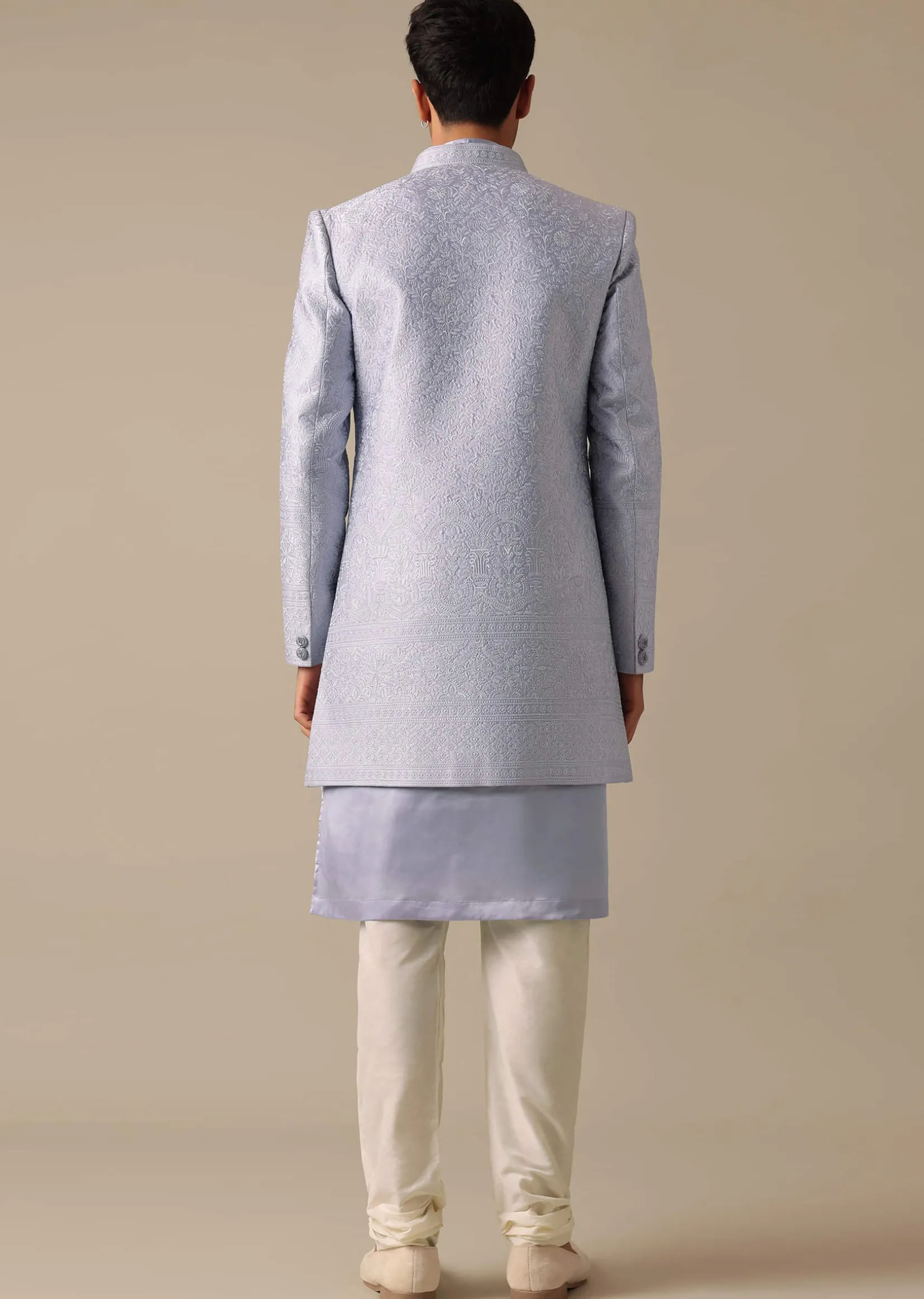Grey Embroidered Sherwani And Kurta Set In Satin Silk