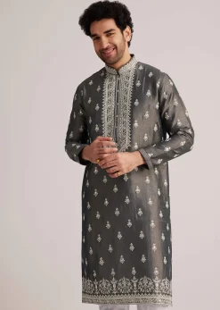 Grey Embroidered Silk Kurta Set