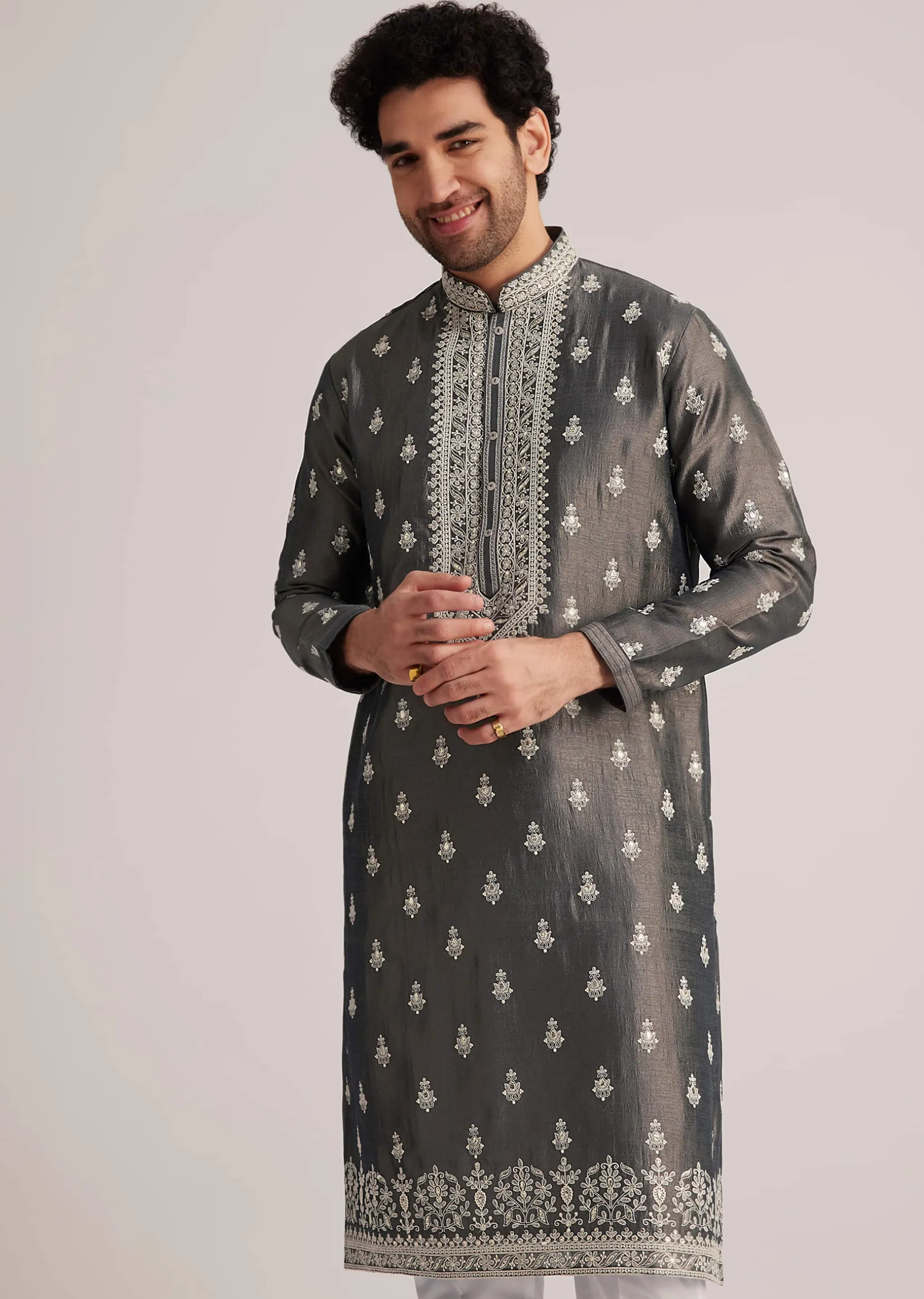 Grey Embroidered Silk Kurta Set