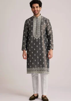 Grey Embroidered Silk Kurta Set