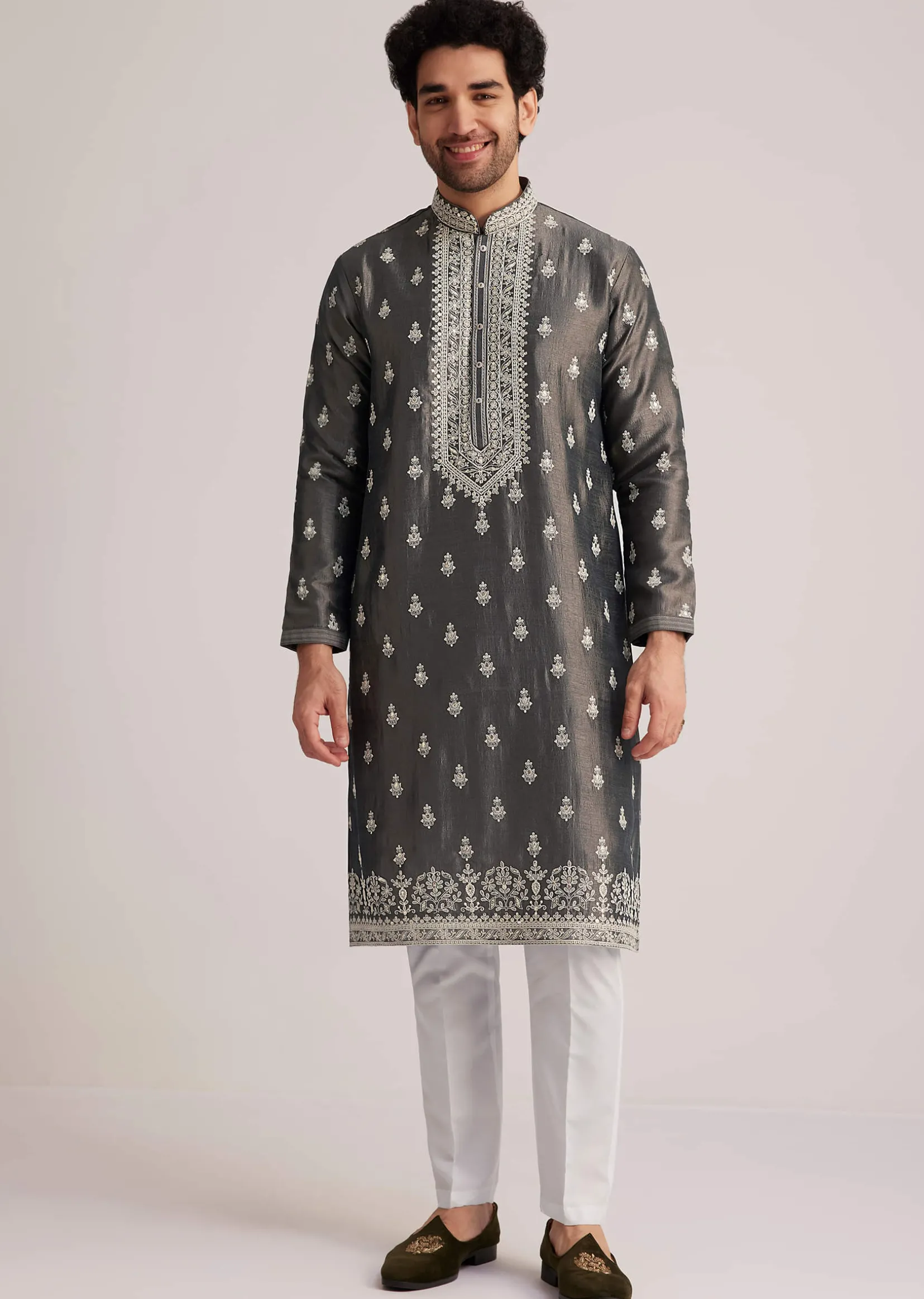 Grey Embroidered Silk Kurta Set