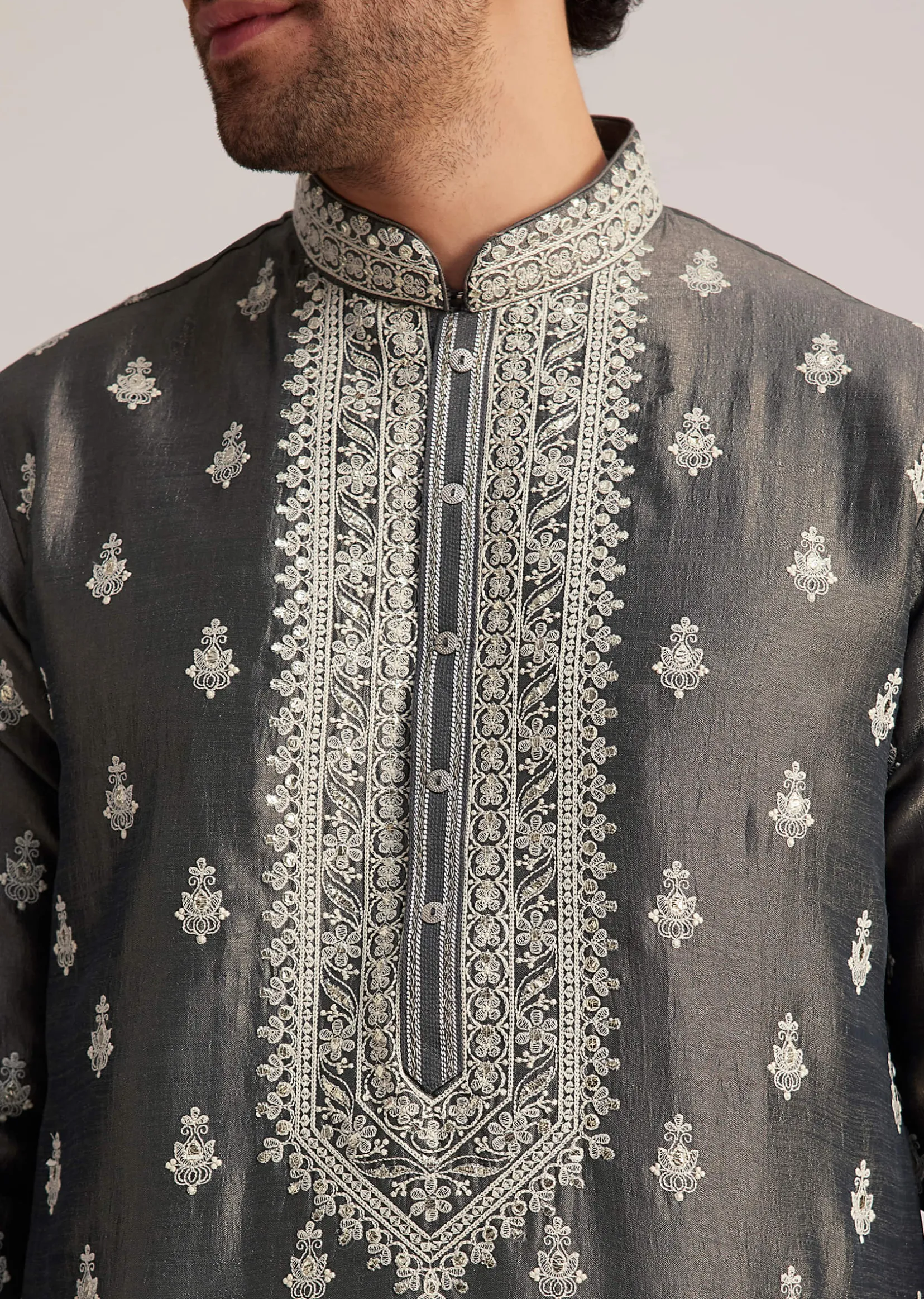 Grey Embroidered Silk Kurta Set
