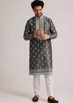 Grey Embroidered Silk Kurta Set