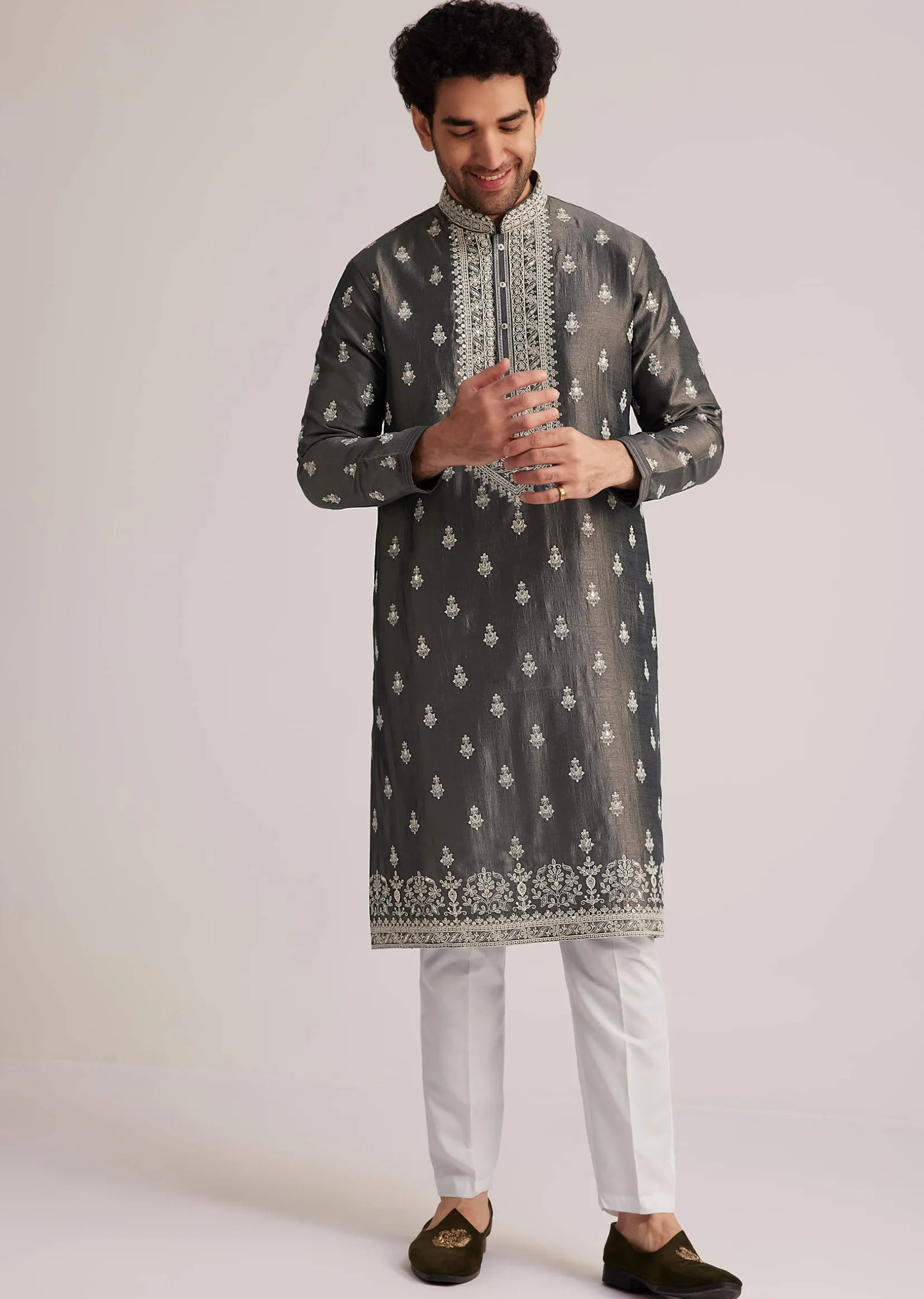 Grey Embroidered Silk Kurta Set