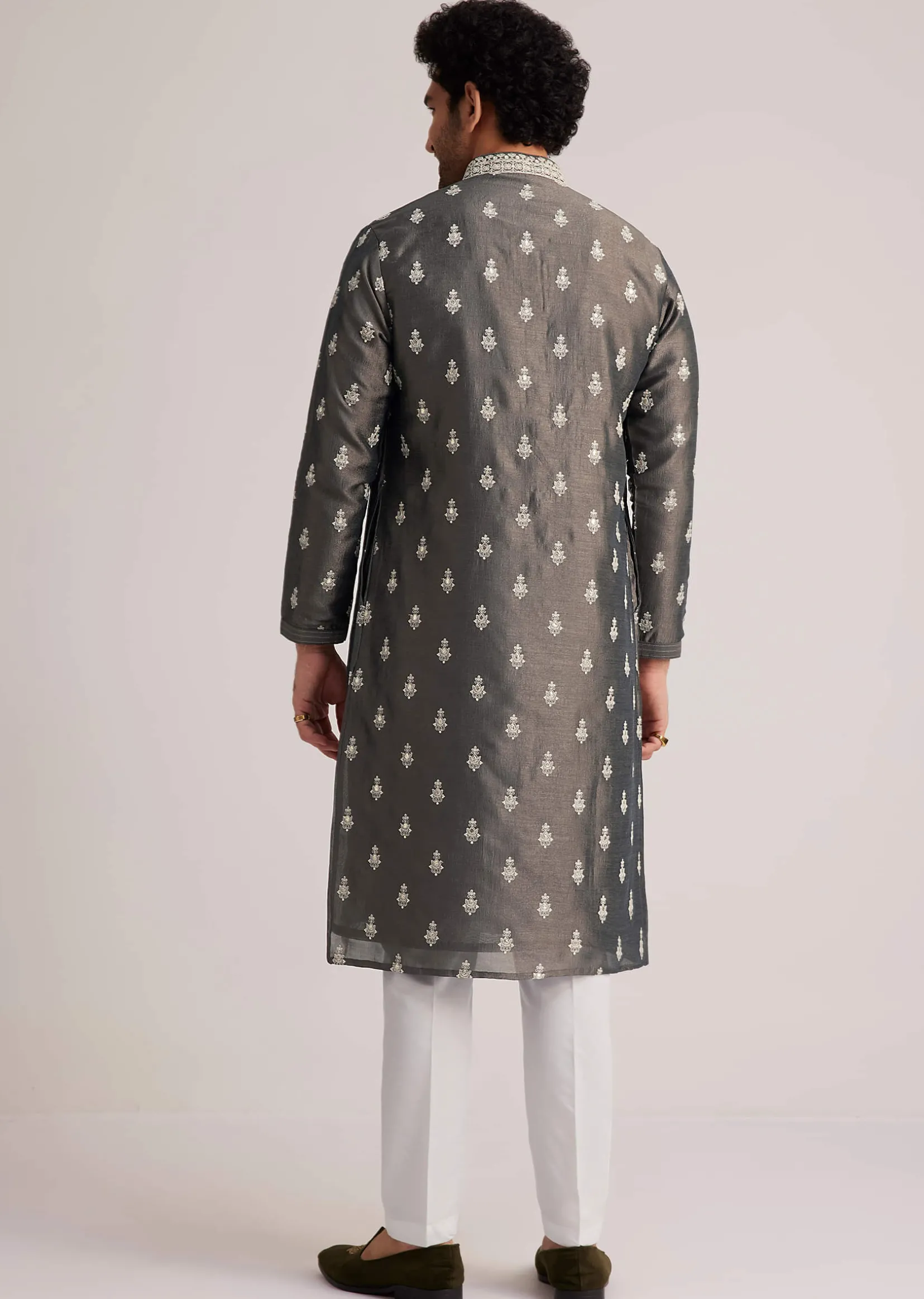 Grey Embroidered Silk Kurta Set